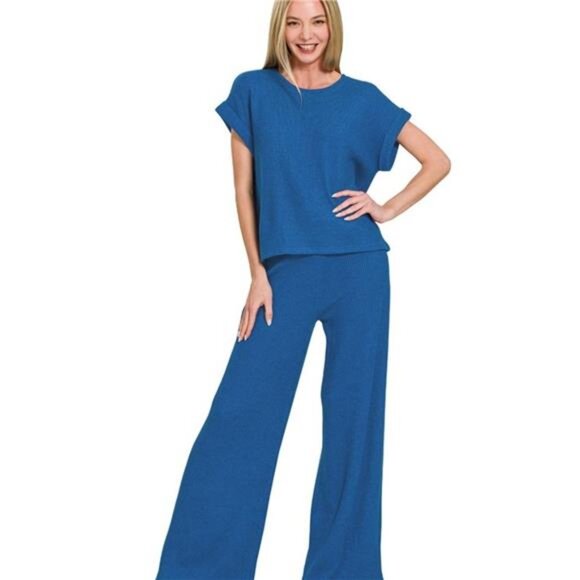 Zenana Rolled Sleeve Top and Pants Sweater Set - Picture 1 of 3